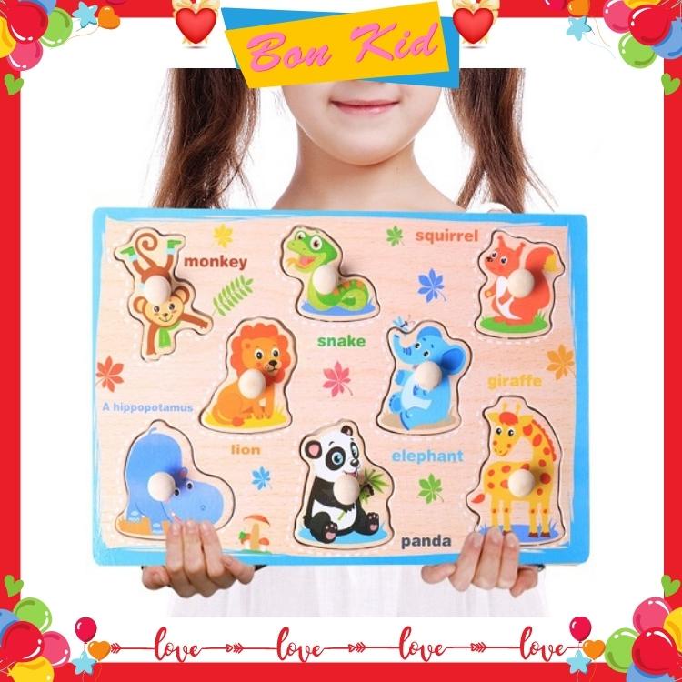 Bảng ghép hình núm gỗ cho bé dạy đếm số nhận diện con vật phương tiện giao thông