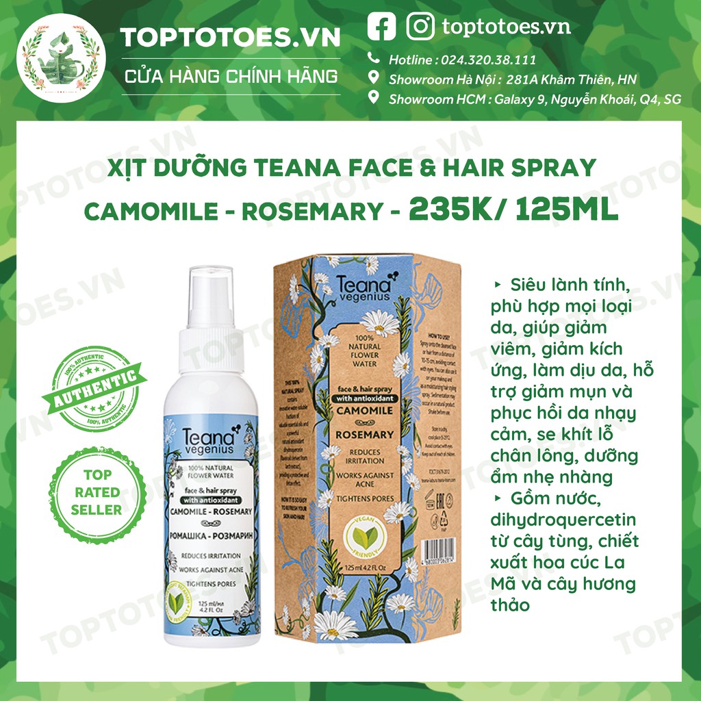 Xịt khoáng - xịt dưỡng Teana Face & Hair spray Camomile - Rosemary lành tính cho da và tóc