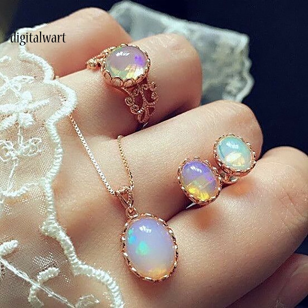 Set Dây Chuyền Nhẫn Và Đôi Khuyên Tai Đính Đá Opal Nhân Tạo Thời Trang Cho Nữ