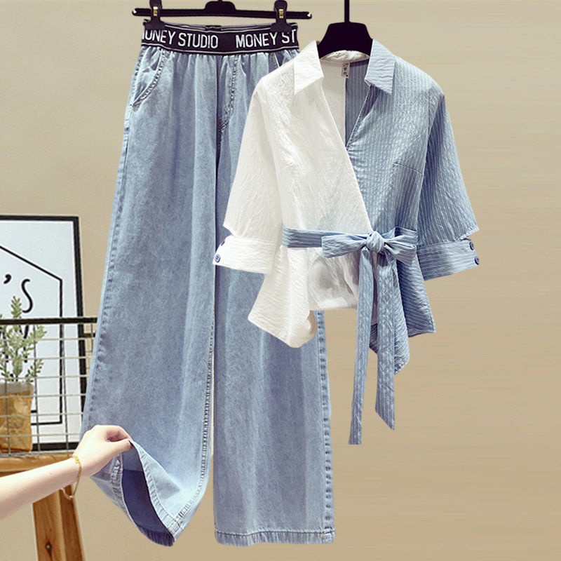 Plus Bộ Áo Sơ Mi Giả Hai Lớp Phối Quần Jean Mỏng Thời Trang Mùa Hè 200 9.1 Cho Nữ Dưới 200Kg