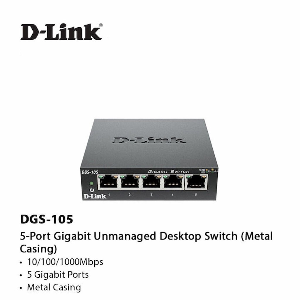 12.12 Hot Deals- D-Link Gigabit Vỏ thép Bộ chia mạng Switch 5 cổng RJ45 - Thiết bị chuyển mạch D-LINK DGS-105