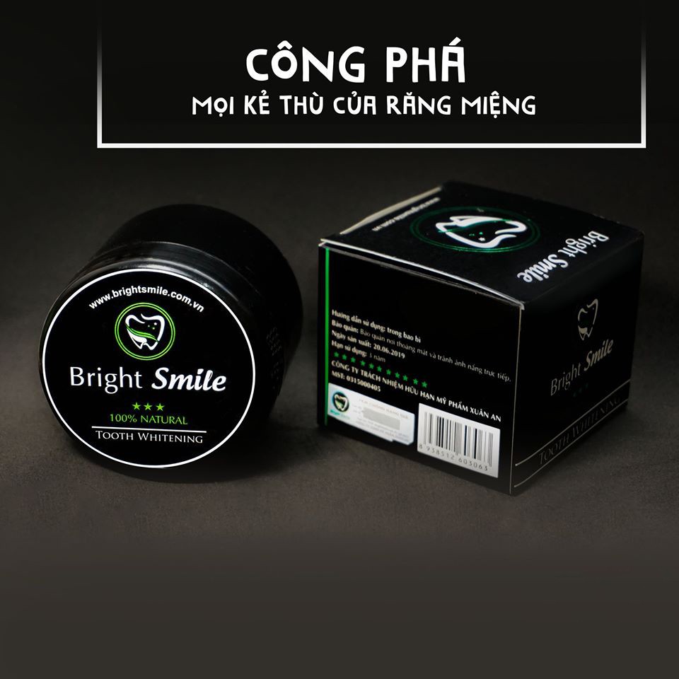 Bột tẩy trắng răng than tre Bright Smile tẩy sạch các vết ố vàng, thơm miệng - Hũ lớn 100g