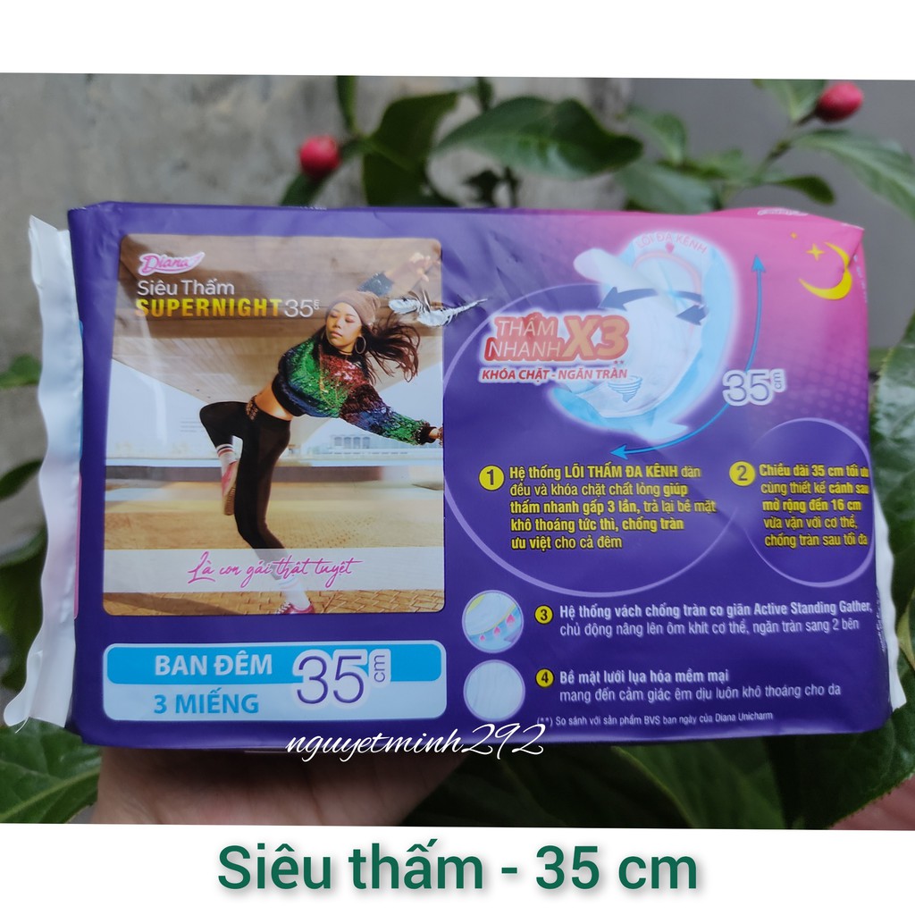 Băng Vệ Sinh Diana siêu thấm Super Night 35cm Có Cánh Ban Đêm - 3 miếng/gói