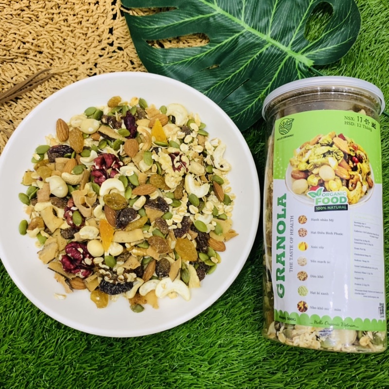 Granola ăn kiêng siêu hạt mix 10 loại hạt macca, dâu tây, óc chó, ngũ cốc hạt giảm cân ăn sáng hiệu quả- Hello organic