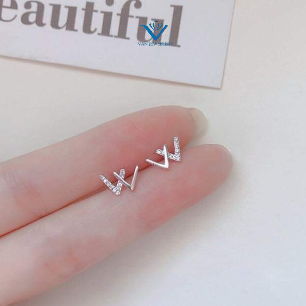 Bông tai bạc Bông W đính đá sang chảnh Van jewelry V10113