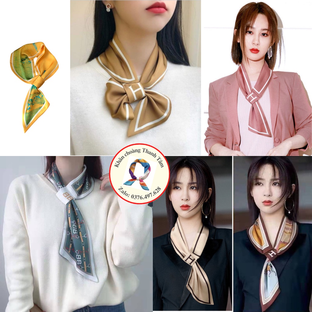 Khăn quàng cổ lụa có nút thắt chữ nhật làm nơ quấn cổ quấn tóc nữ công sở tuban badana 2 lớp in chữ H