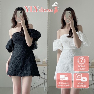 Váy đầm nữ chất gấm cúp ngực Ylydress trễ hở vai tay phồng dáng A ngắn đen trắng freesize phom ôm sexy hàn quốc C921