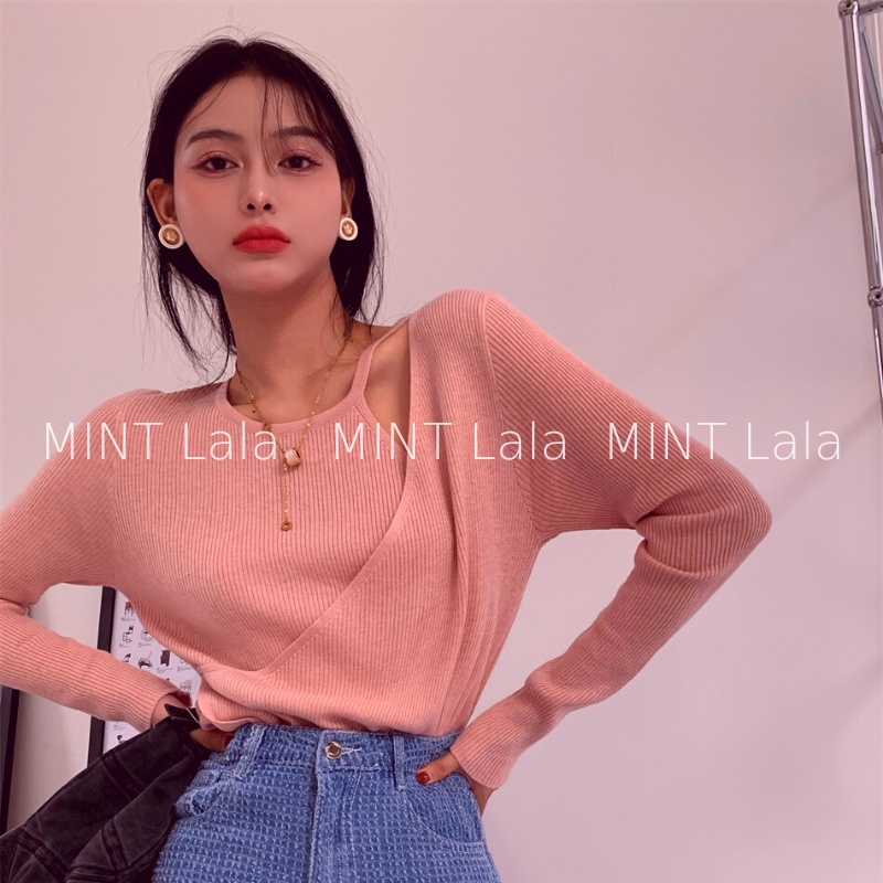 Áo Len Nữ Mỏng 1 Dây Vai Dài Tay Thiết Kế Nhấn Eo Thời Trang
