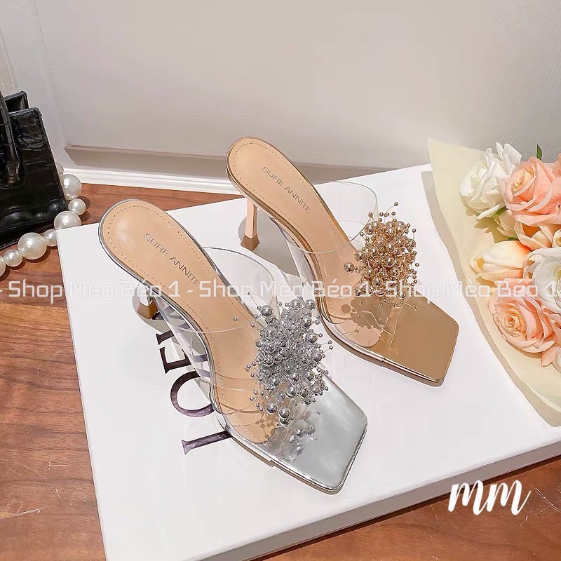 Guốc mica quai ngang chùm hạt gót nhọn fullbox hàng quảng châu cao cấp
