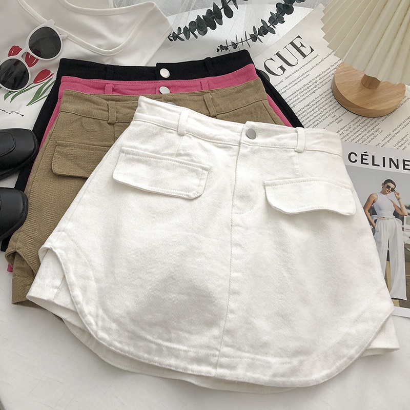 Jiashucheng Chân Váy Denim Kaki Lưng Cao Dáng Ngắn Chống Chói Dễ Phối Đồ