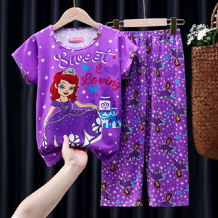 Bộ Đồ Ngủ Tay Ngắn Chất Liệu Cotton In Họa Tiết Hoạt Hình Xinh Xắn Cho Bé