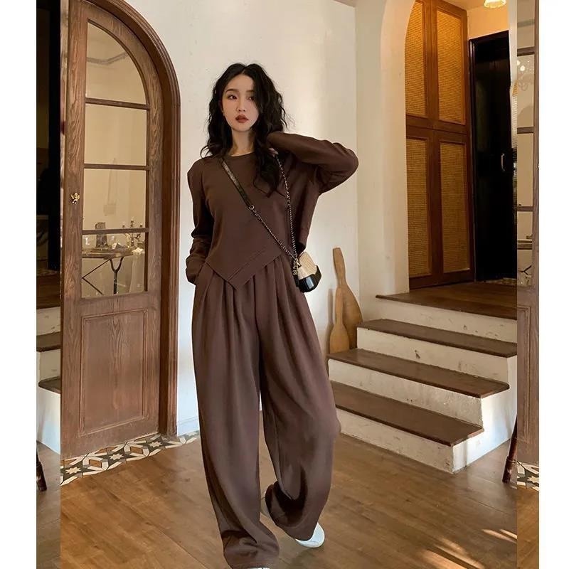 Set Áo Thun Dài Tay + Quần Dài Ống Rộng Thời Trang Nữ Tính