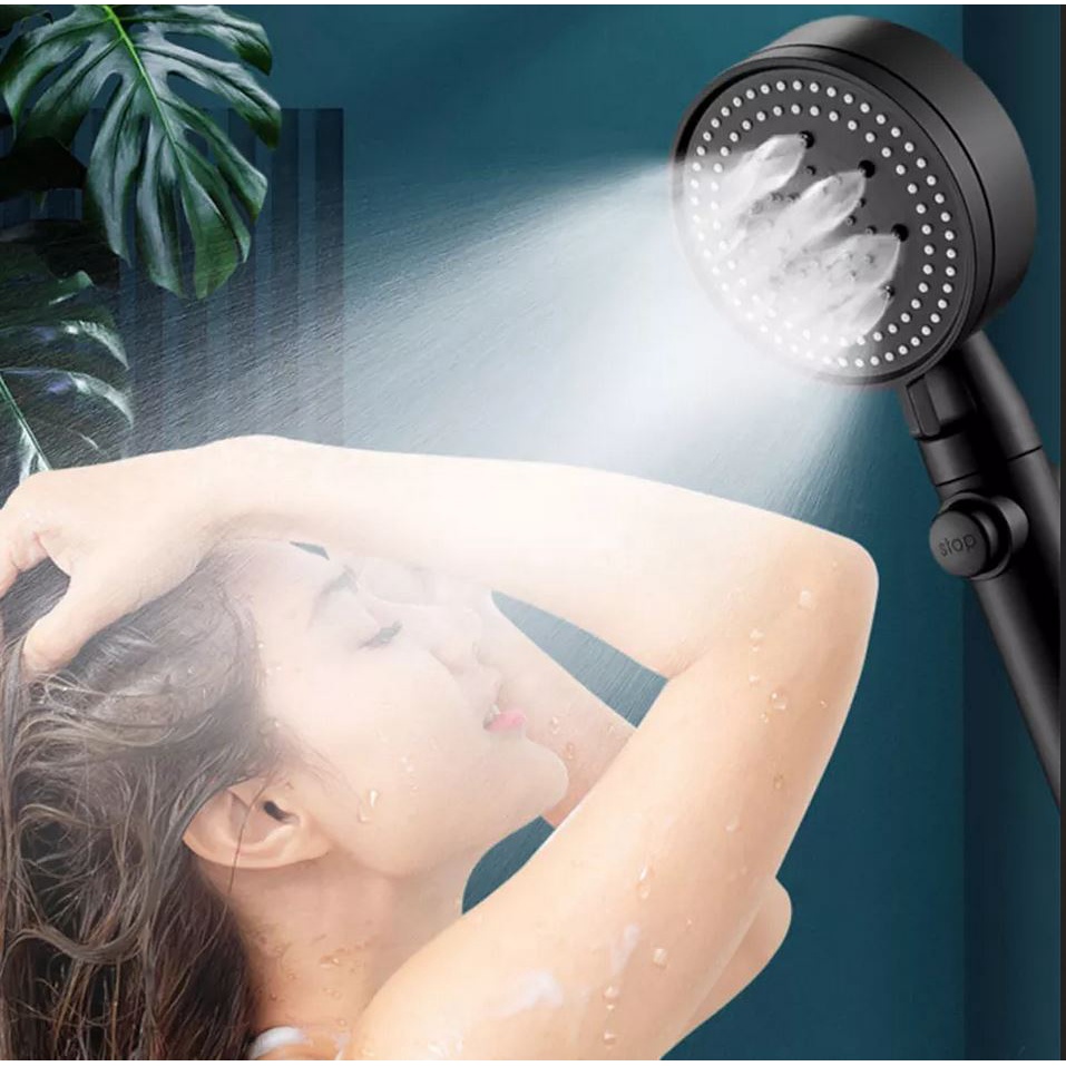 Vòi hoa sen mặt xoay 5 chế độ nước, có nút bật tắt trên thân tiện lợi kèm dây sen tiêu chuẩn chất liệu inox