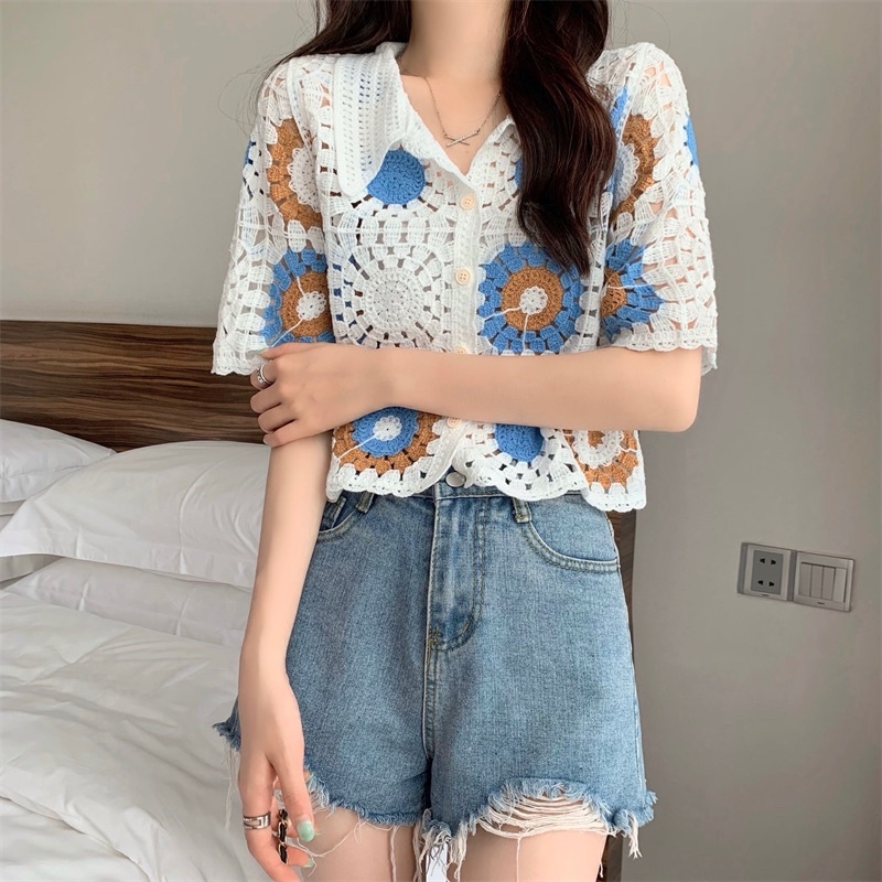 Áo Sơ MI Ren Len Đan Hoa Ngắn Tay Dễ Thương