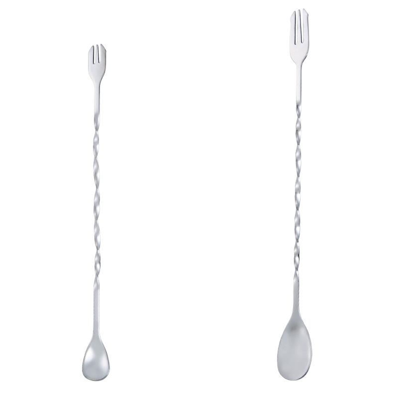 2in 1 Cocktail Mixing Fork Spoon Stainless Steel Durable Bar Appliances Stirring Rod Spiral Shape Double Head Kitchenware
