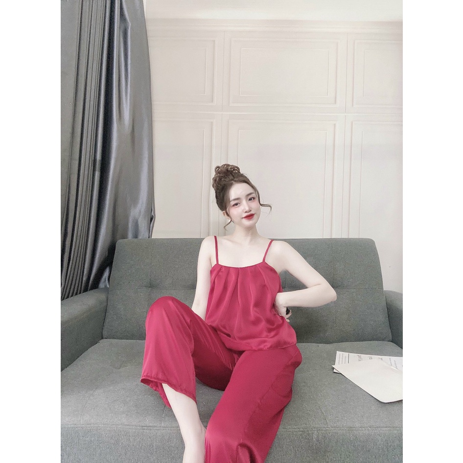 Đồ Lụa Mặc Nhà, Đồ Bộ Nữ Đồ Ngủ Áo Dây Nhún Ngực Quần Dài Chất Lụa Satin Fill Màu Form Rộng Rãi Sang Trọng Kín | BigBuy360 - bigbuy360.vn