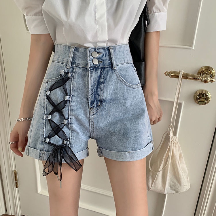 Quần Short Denim Lưng Cao Ống Rộng Thiết Kế Cột Dây Dáng Chữ A Phong Cách Đường Phố Cá Tính Cho Nữ