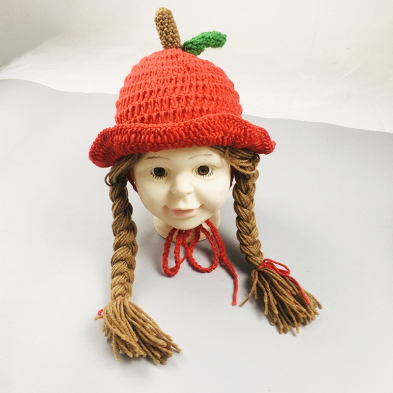 Mũ Beanie Dệt Kim Đính Tóc Giả Thắt Bím Dễ Thương Thời Trang Mùa Đông Cho Bé Gái