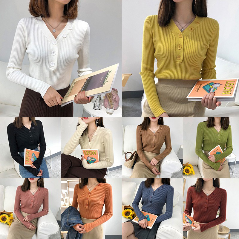 Áo sweater thời trang nữ tay dài cổ chữ V màu trơn