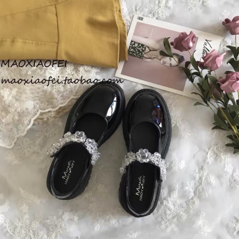 Sẵn Giày oxford mũi tròn đế cao răn cưa quai ngang hoa nhựa lolita tiểu thư hot trend