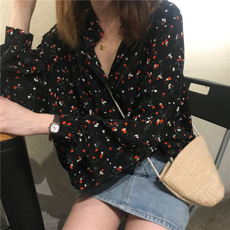 SUXI Áo sơ mi nữ dài tay in hoa xinh xắn