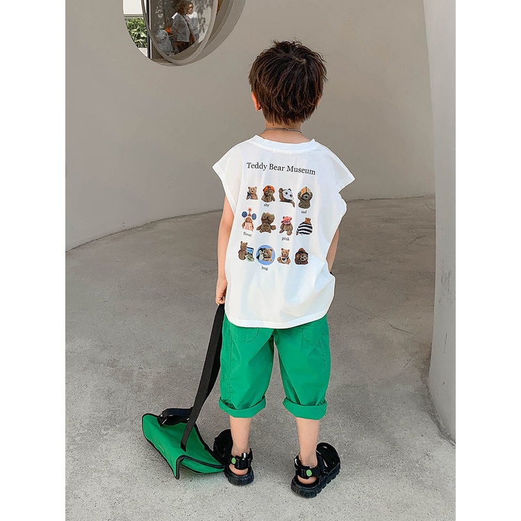 Áo Thun Cotton Sát Nách Dáng Rộng Thoáng Khí In Họa Tiết Chú Gấu Dễ Thương Thời Trang Cho Bé Trai