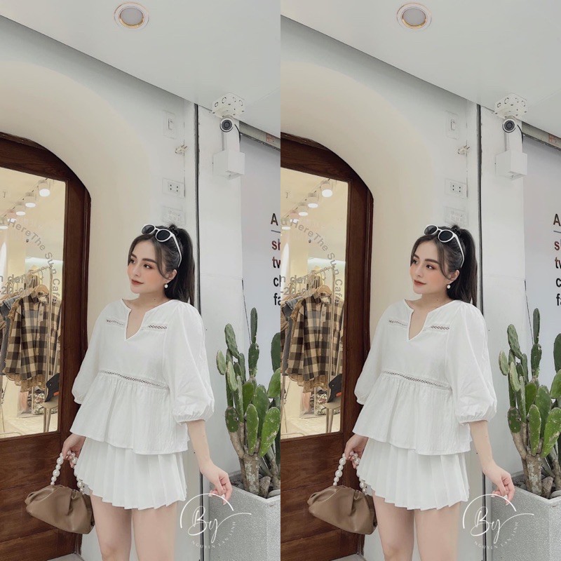 Bộ đũi trắng áo pha ren chân váy xếp ly (SE004)