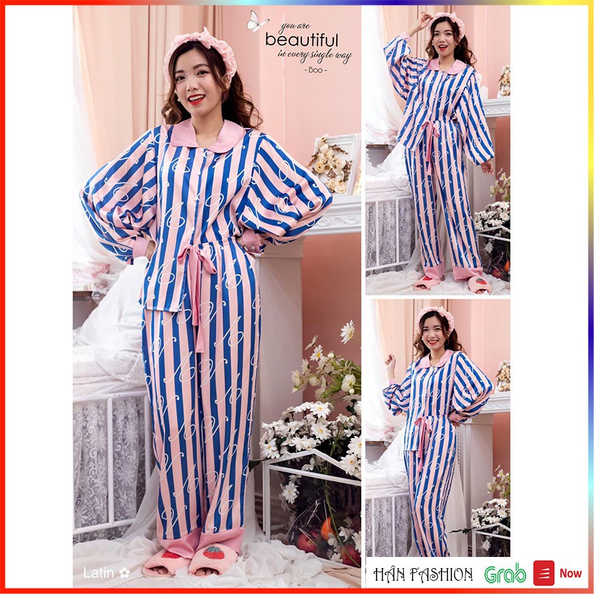 Đồ Ngủ Nữ – Bộ Ngủ Pijama Nữ Lụa Latin Cao Cấp Tay Phồng Hiện Đại (40-60kg)| Hân Fashion | Ship Nhanh 2h
