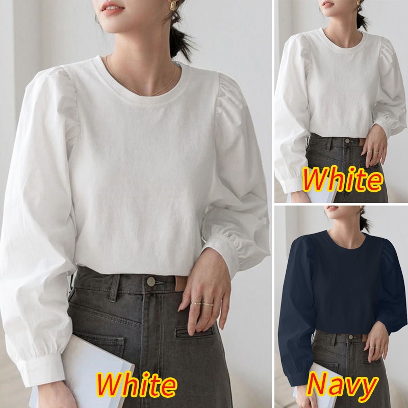 Áo sơ mi ZANZEA cổ tròn tay dài phồng màu trơn thời trang dành cho nữ