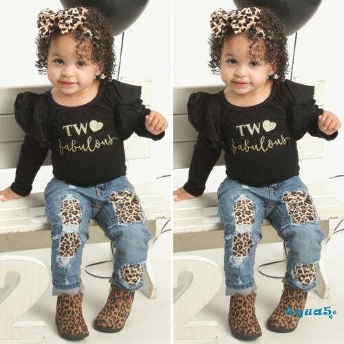 ✿ℛUS 2PCS Toddler Kids Baby Girl Ruffle Romper+Denim Pants Winter Outfits Clothes
