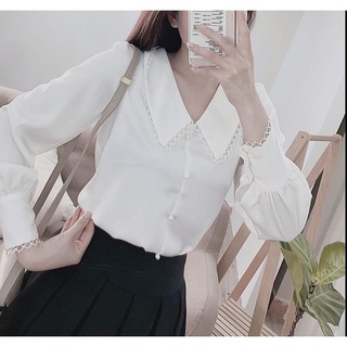 Áo sơ mi nữ công sở thời trang NGỌC HUYỀN tiểu thư viền ren bèo cổ kiểu Hàn Quốc màu trắng trẻ trung.
