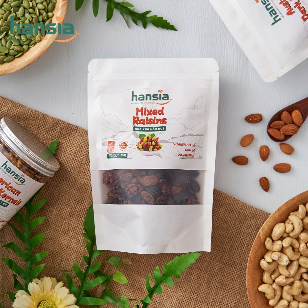 Nho Khô Hỗn Hợp Organic HANSIA Vị Tự Nhiên, Không Chất Bảo Quản, Chứa Nhiều Vitamin A Và Các Chất Dinh Dưỡng 250g - 500g