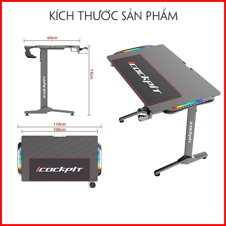 Bàn gaming cao cấp,bàn chơi game cho gamer có đèn led cảm biến nhạc,mặt gỗ phủ sợi cacbon tay đỡ gamepad Desk computer