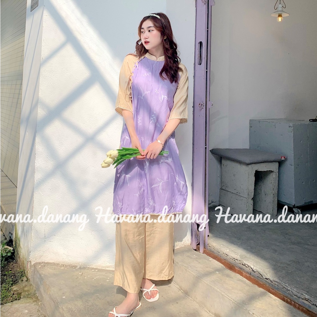 Áo dài chất lụa, áo dài cách tân dáng suông tay lửng