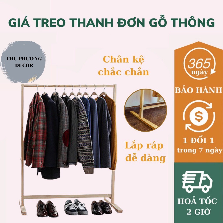 Giá Treo Quần Áo Thanh Đơn Gỗ Thông Nhập Khẩu Cao Cấp - Kệ Treo Quần Áo Màu Gỗ Tự Nhiên - BẢO HÀNH 1 ĐỔI 1