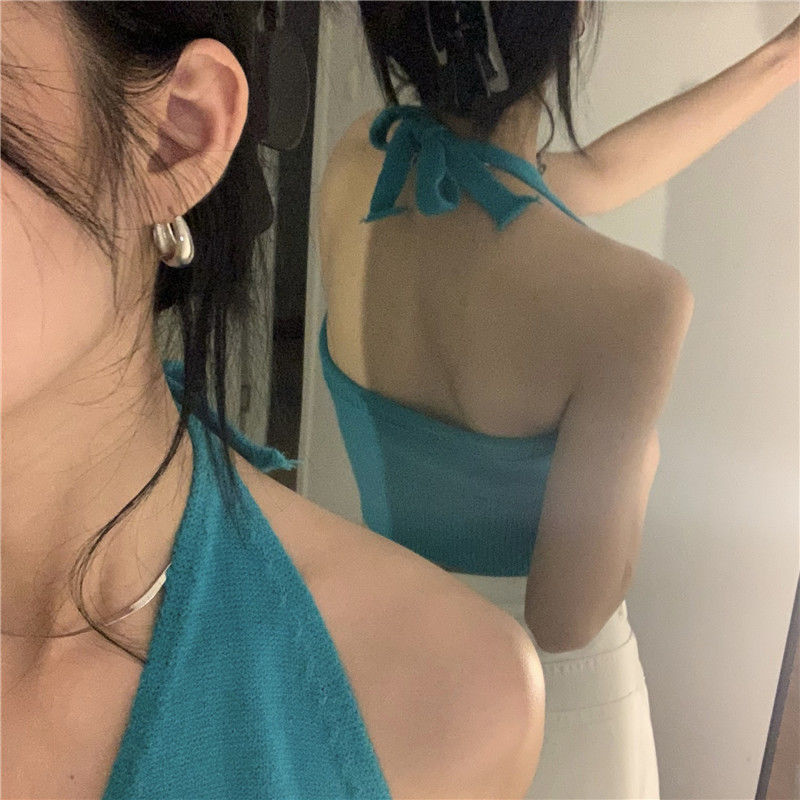 Áo hai dây dệt kim cổ yếm màu trơn gợi cảm cho nữ