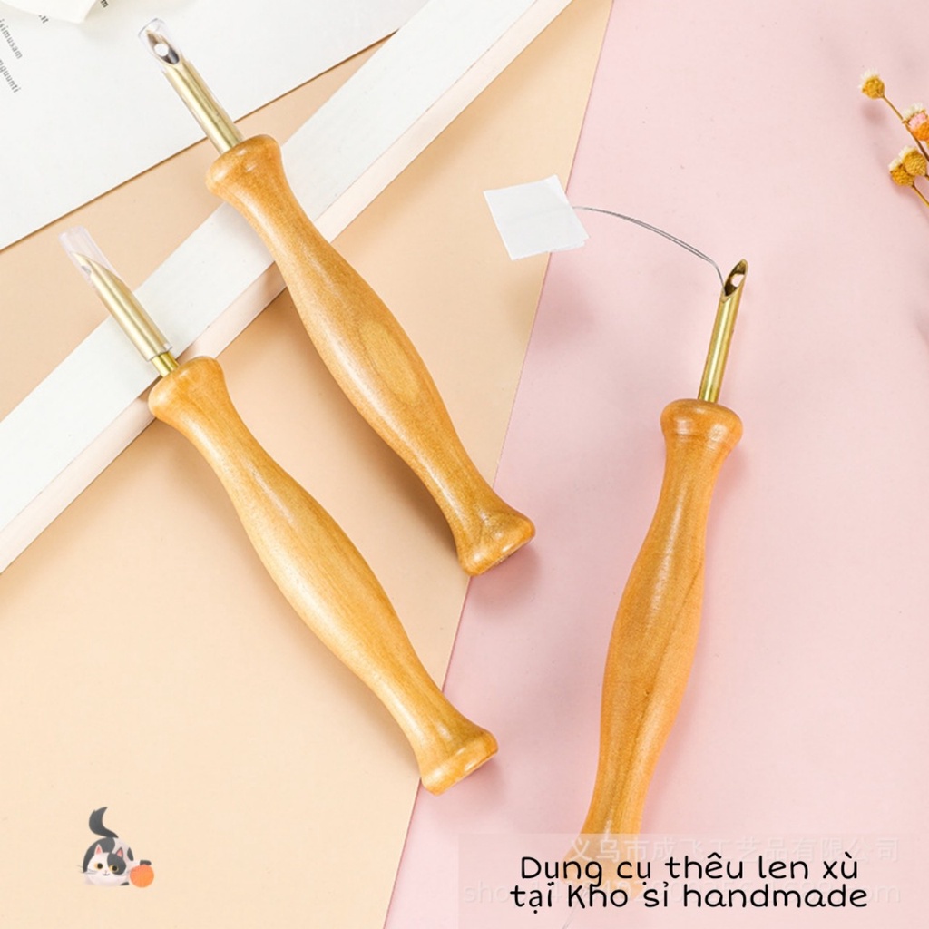 Bút gỗ thêu len xù, punch needle tools và bút đỏ đơn giản làm thêu nổi từ sợi len