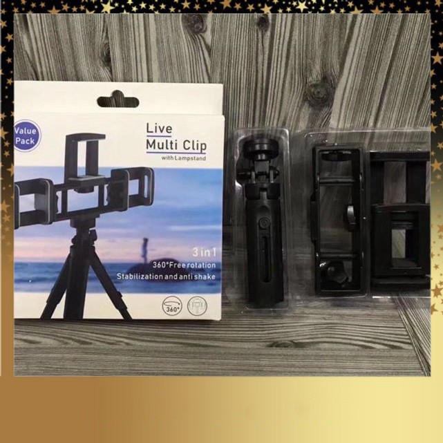 Giá Đỡ 3 Điện Thoại Live Multi Clip 3 Chân 3 in 1 Xoay 360 Độ - Chân Tripod Chụp Hình Livestream Kẹp 3 Điện Thoại [SP ch