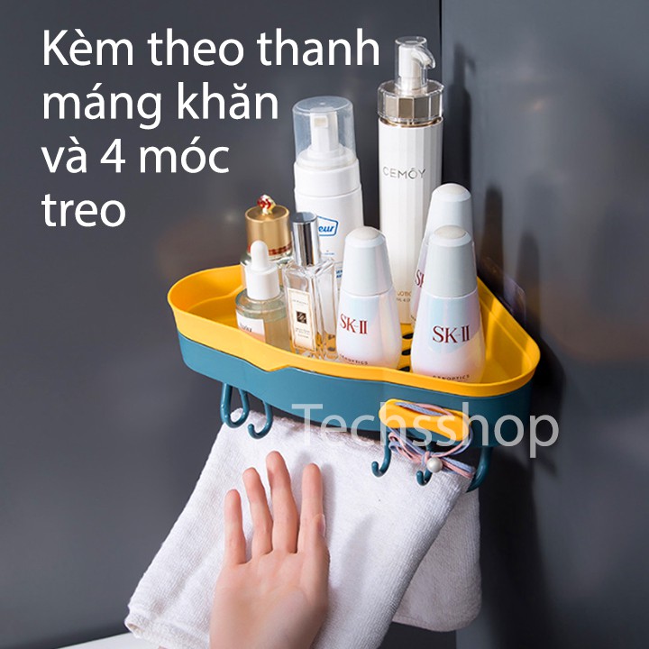 Kệ Dán Góc Tường Có Nơ Kèm 4 Móc Treo Và Thanh Máng Khăn - Kệ Nhựa Để Đồ Nhà Tắm Nhà Bếp