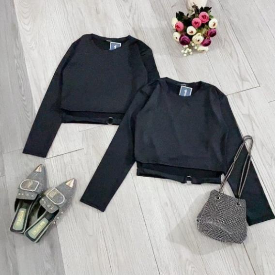 Áo Croptop Nữ Dài Tay Khuyên Eo 🦋 Áo Thun Nữ Đen Dáng Lỡ 🦋[giá rẻ] | BigBuy360 - bigbuy360.vn