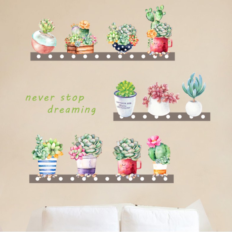 Decal dán tường Chậu hoa trên kệ chữ tiếng anh
