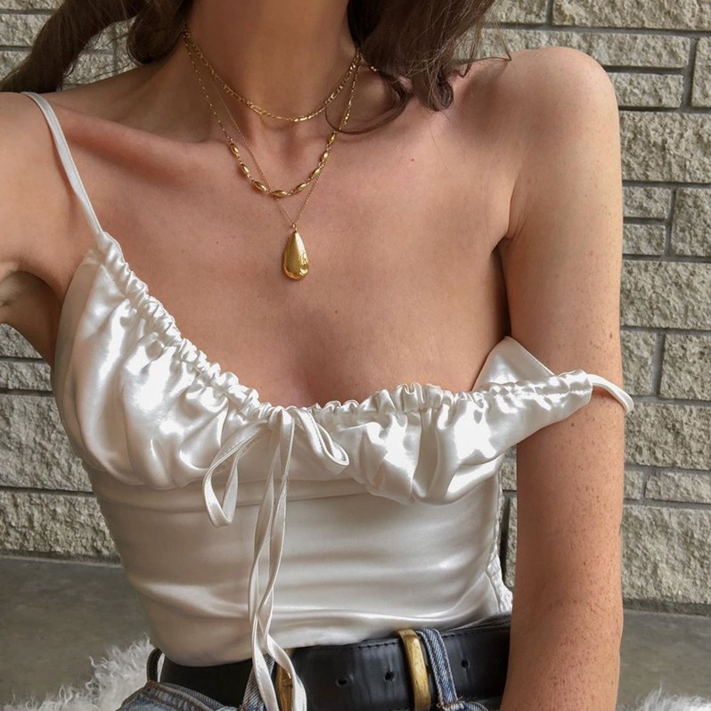 Siêu Dễ Phù Hợp Với Cổ Chữ V Gợi Cảm Slim-fit Satin Nhỏ Sling Bốn Mùa Mặc Áo Vest Thiết Kế Pháp Thắt Nơ Gợi Cảm Sling Top Tính Khí Đơn Giản