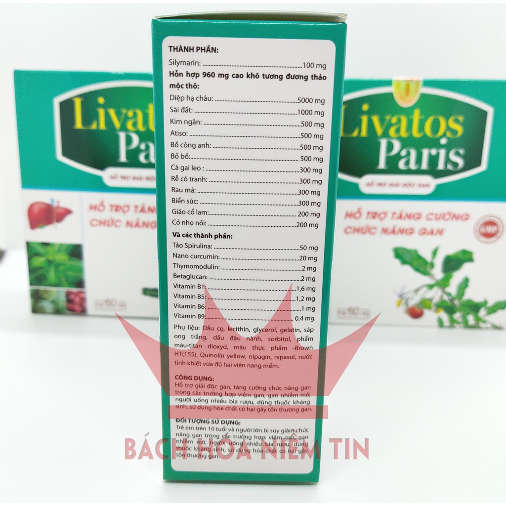 Viên uống giải độc gan Livatos -Paris - Tăng cường chức năng gan, hạ men gan, giảm gan nhiễm mỡ hiệu quả - Hộp 60 viên