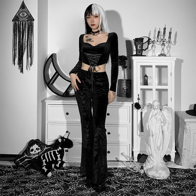 Brroa Quần Nhung Ống Loe Xẻ Tà Trước Họa Tiết Hoa Màu Đen Phong Cách Punk Gothic Harajuku Vintage Cho Nữ Wi