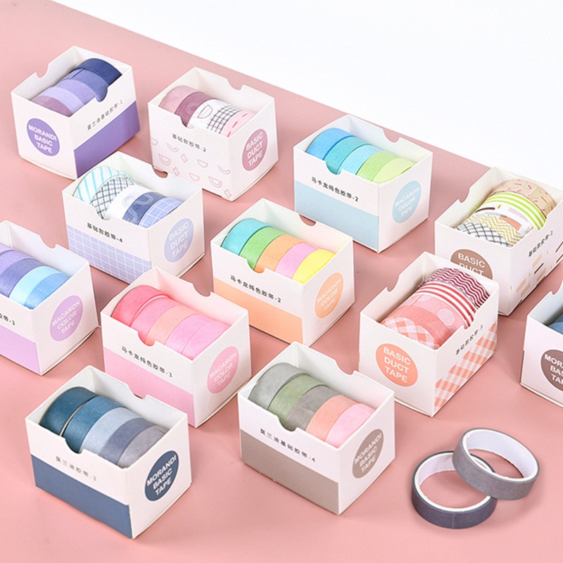 Bộ 5 cuộn băng dán washi RUIXIANG màu trơn dùng cho trang trí thủ công
