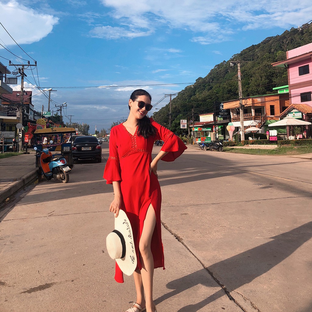 Váy voan đỏ xẻ tà tay chuông - MS059 (Có ảnh thật) | BigBuy360 - bigbuy360.vn