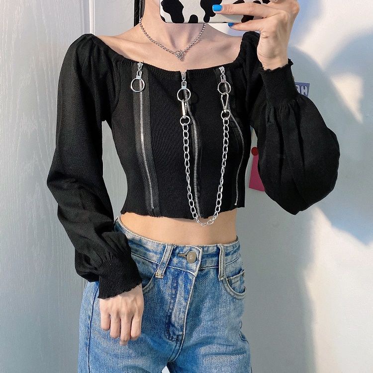 Áo Dệt Kim Tay Dài Trễ Vai Phối Dây Xích Dáng Ngắn Phong Cách Hồng Kông Cổ Điển Thời Trang 2022