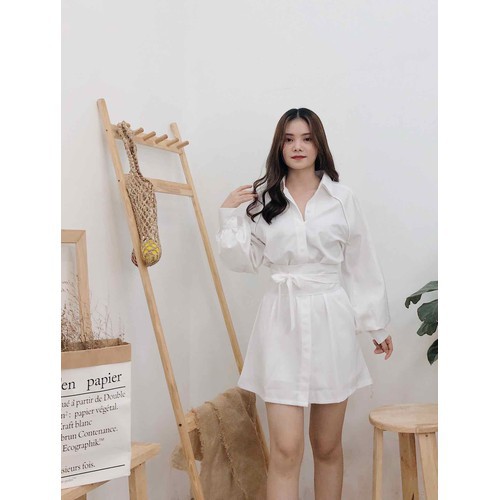 [Mã FAMARAL1 giảm 10K đơn 50K] Váy sơ mi / Set đồ nữ áo sơ mi dài tay quần đùi kèm đai dáng xòe | BigBuy360 - bigbuy360.vn