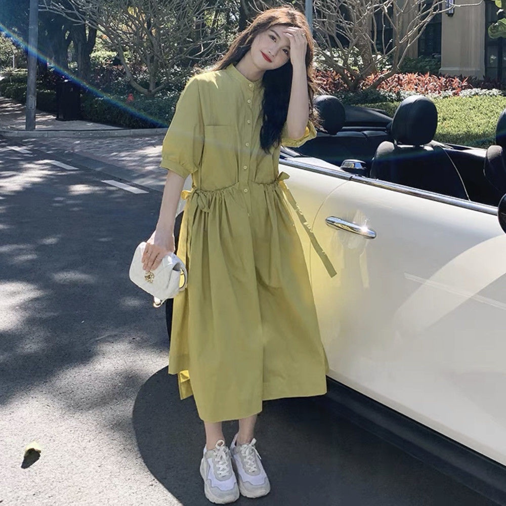 Đầm dáng chữ A tay phồng màu xanh lá nhạt phong cách Hàn Quốc dễ thương dành cho nữ