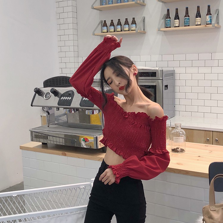 Áo bẹt vai hở vai gợi cảm thả ren chéo vai tay dài croptop ulzzang ( 3 màu )